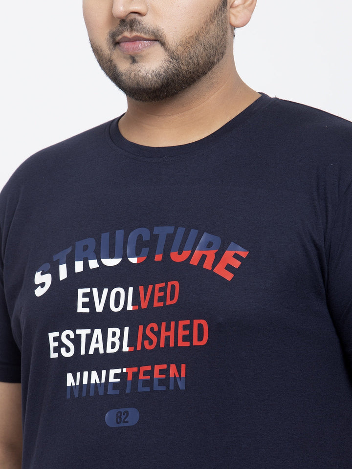 Plus Size Men Navy Blue Printed Round Neck Pure Cotton T-shirt