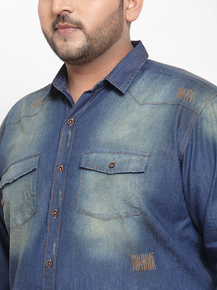 Plus Size Men Blue Regular Fit Faded Denim Casual Shirt