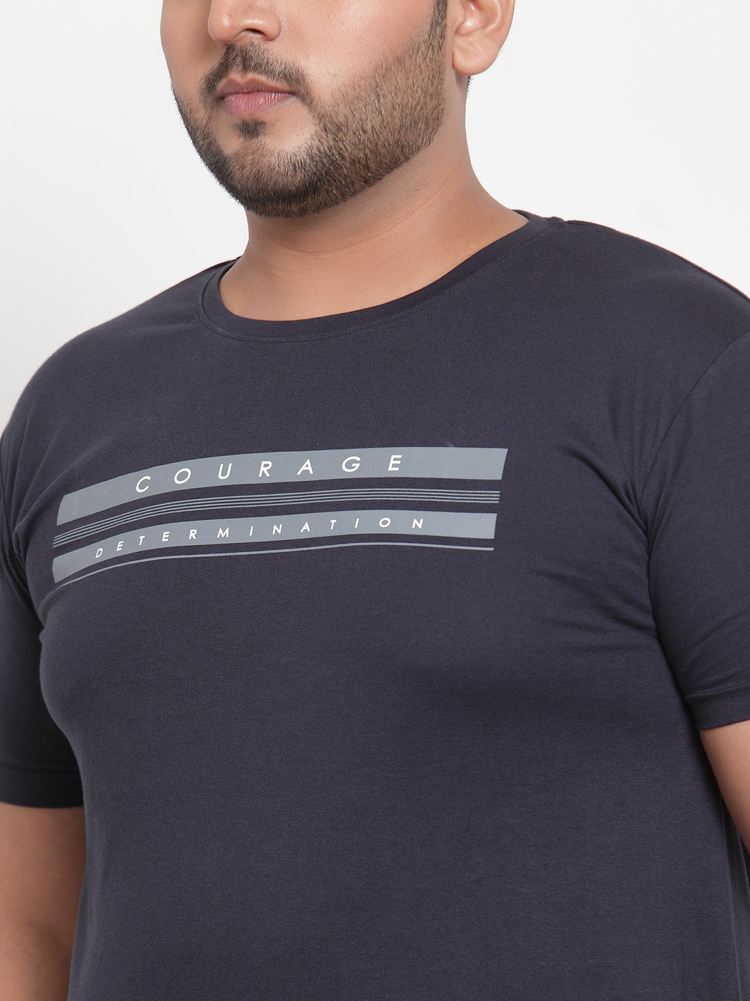 Plus Size Men Navy Blue Printed Round Neck Pure Cotton T-shirt