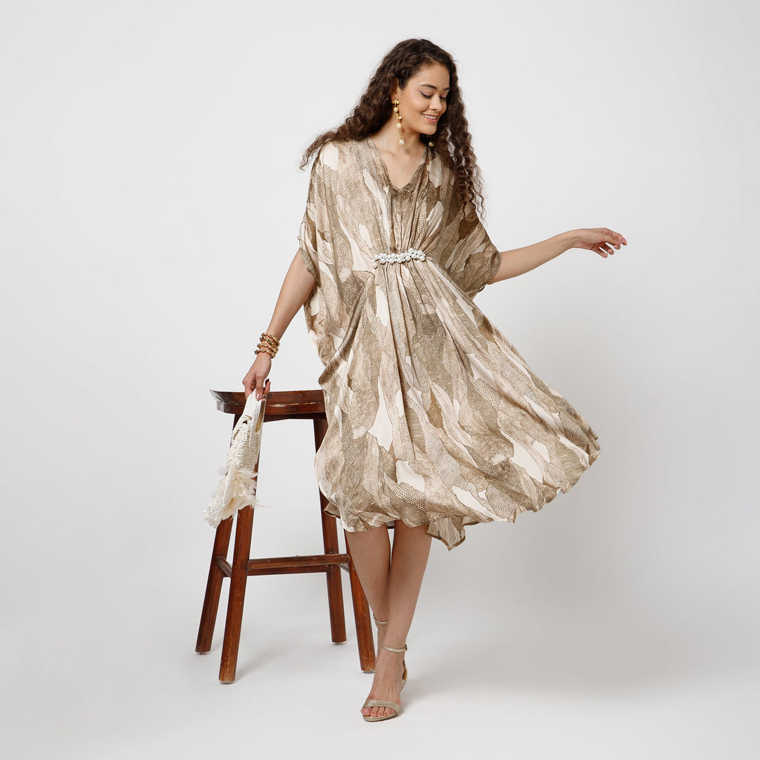 Olive Satin Kaftan With Pearls