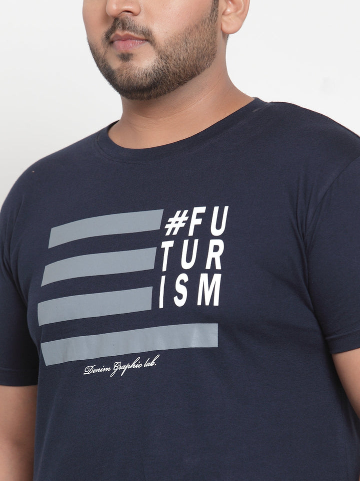 Plus Size Men Navy Blue Printed Round Neck Pure Cotton T-shirt