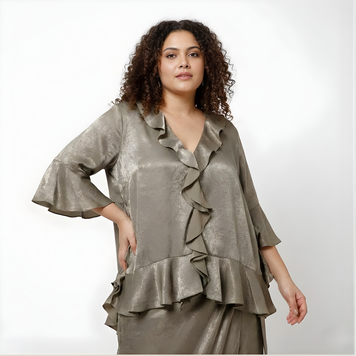 Olive Satin Asymetrical Frill Top