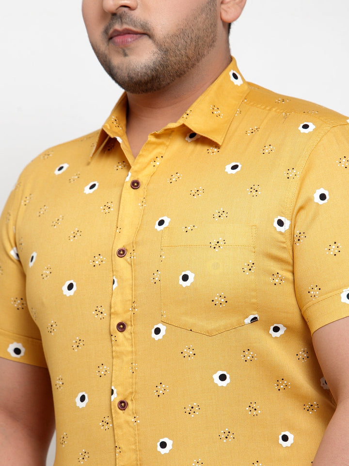 Plus Size Men Yellow Regular Fit Printed Casual Cotton Shirt