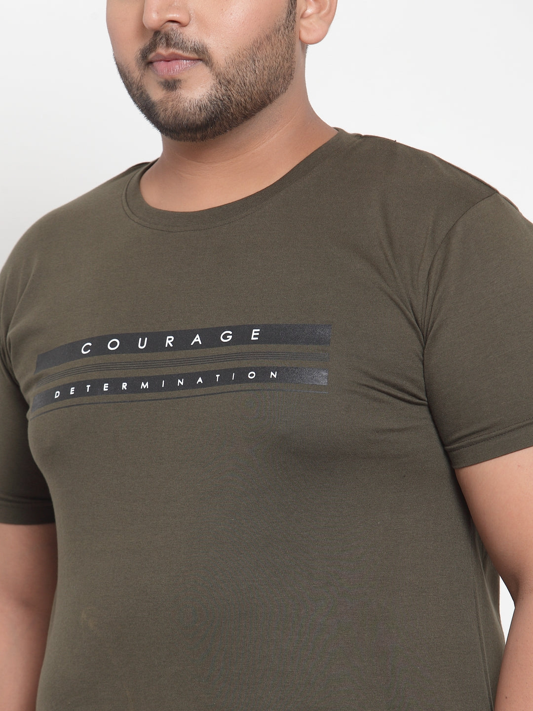 Plus Size Men Olive Green Printed Round Neck Pure Cotton T-shirt