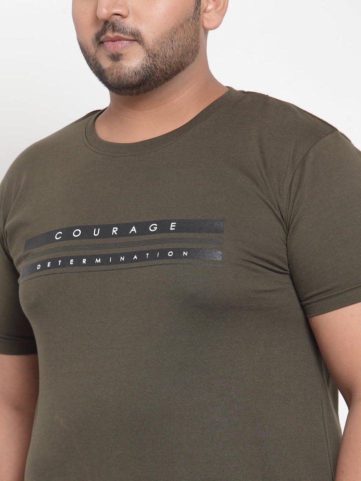 Plus Size Men Olive Green Printed Round Neck Pure Cotton T-shirt