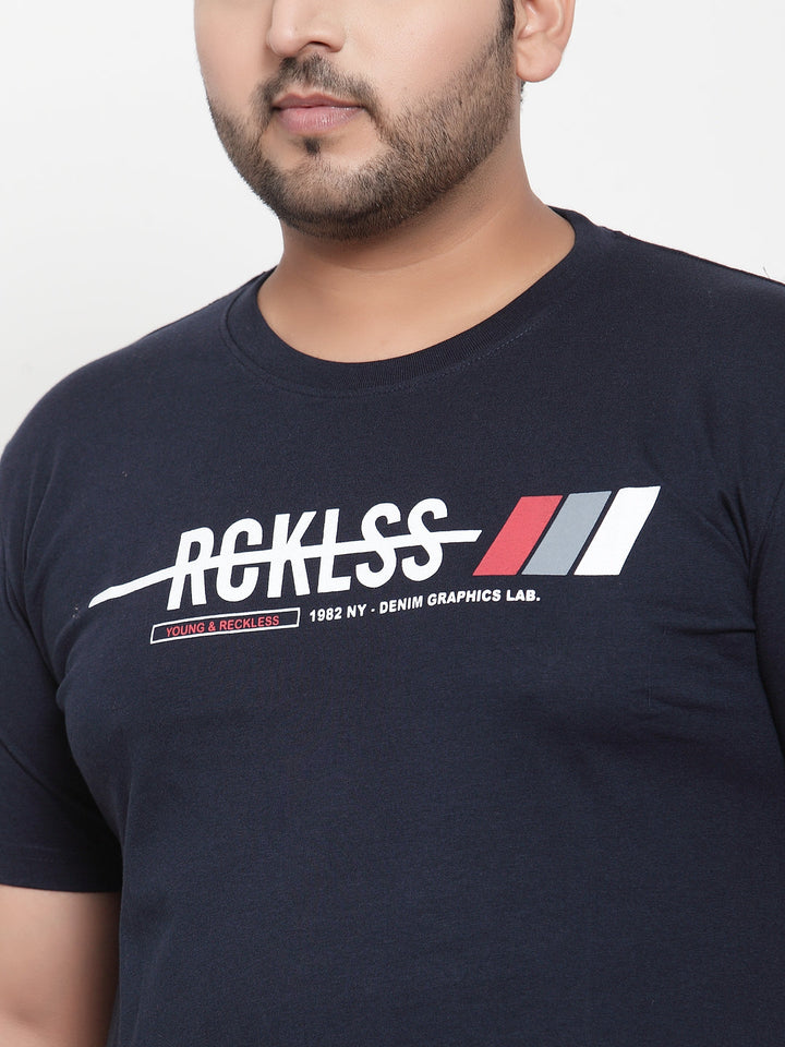 Plus Size Men Navy Blue Printed Round Neck Pure Cotton T-shirt
