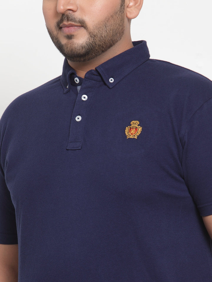 Plus Size Men Navy Blue Solid Polo Collar Pure Cotton T-shirt