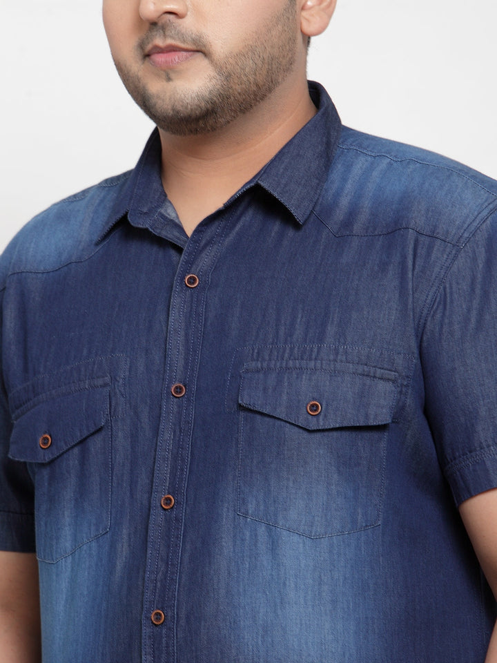 Plus Size Men Blue Regular Fit Faded Casual Denim Shirt