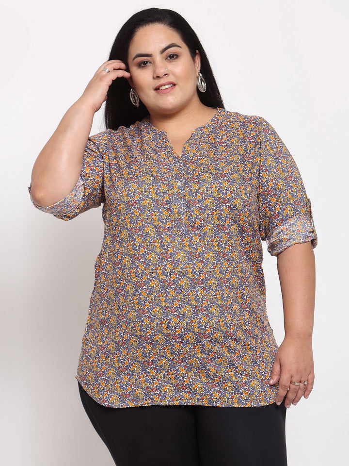 Plus Size Multicoloured Floral Shirt Style Top