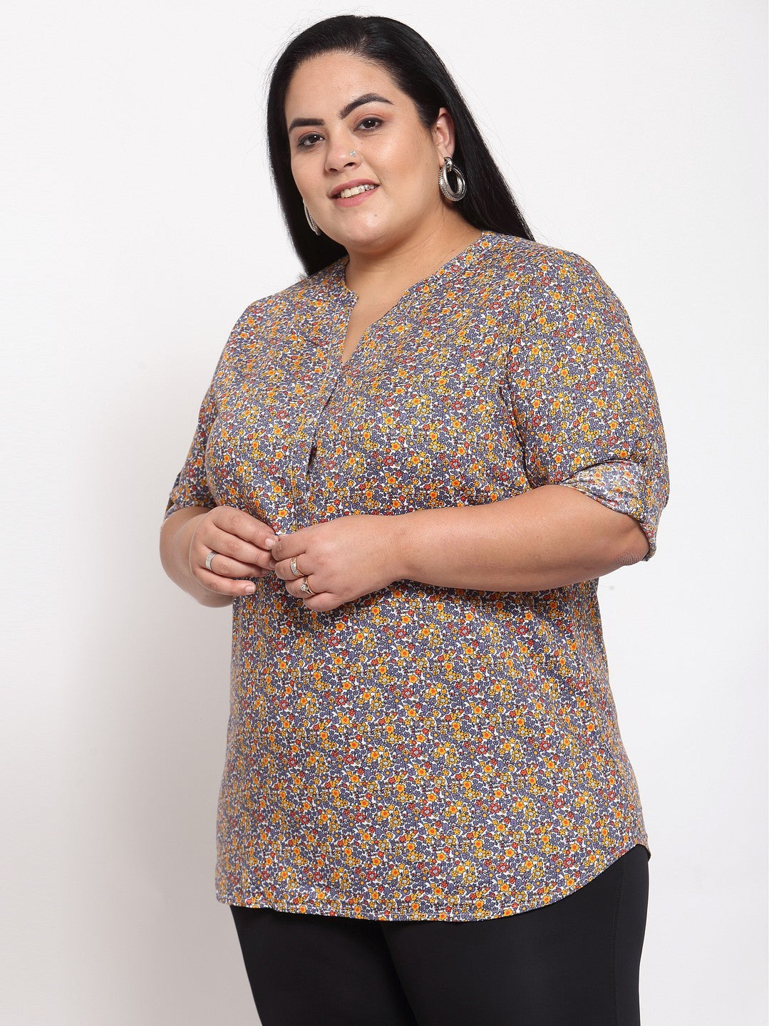 Plus Size Multicoloured Floral Shirt Style Top