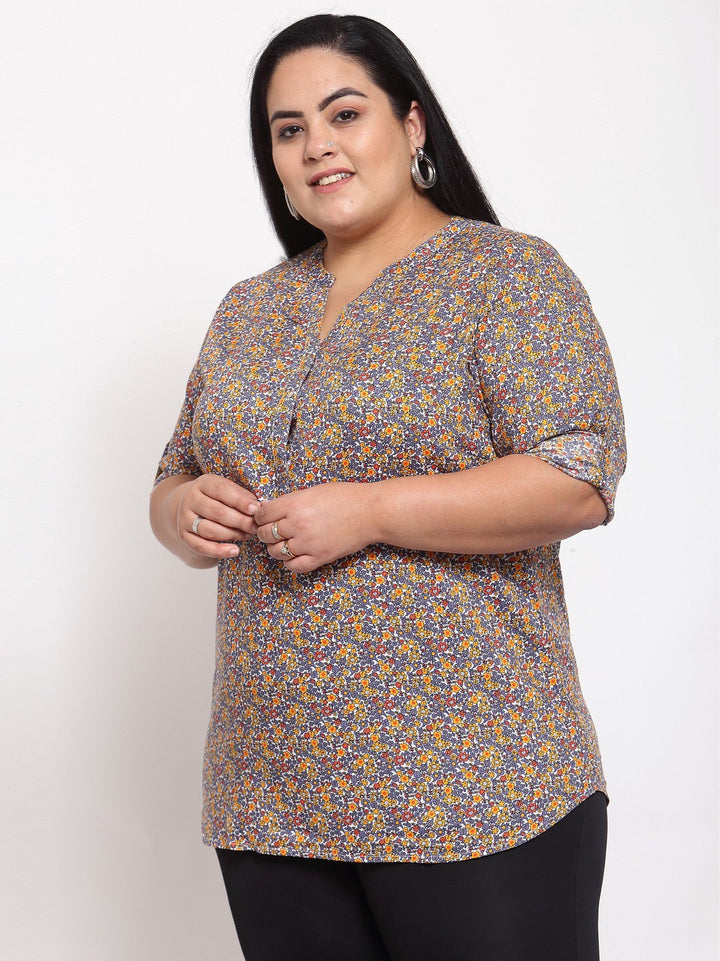 Plus Size Multicoloured Floral Shirt Style Top