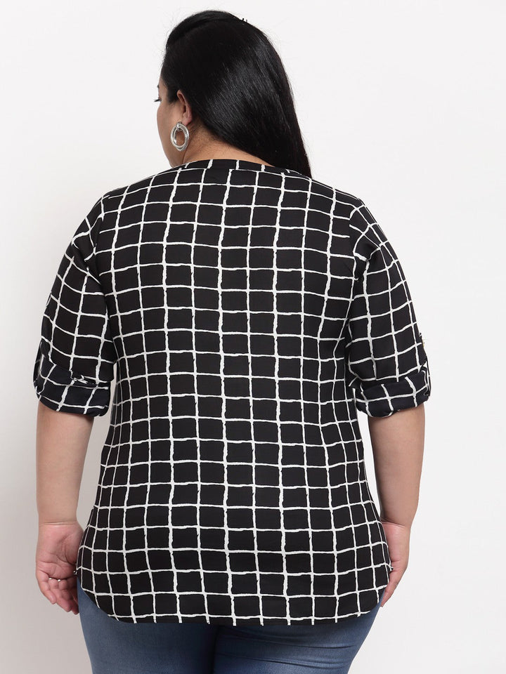 Plus Size Black Checked Roll-Up Sleeves Shirt Style Top