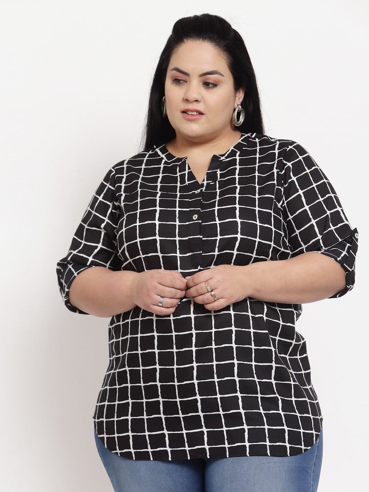 Plus Size Black Checked Roll-Up Sleeves Shirt Style Top
