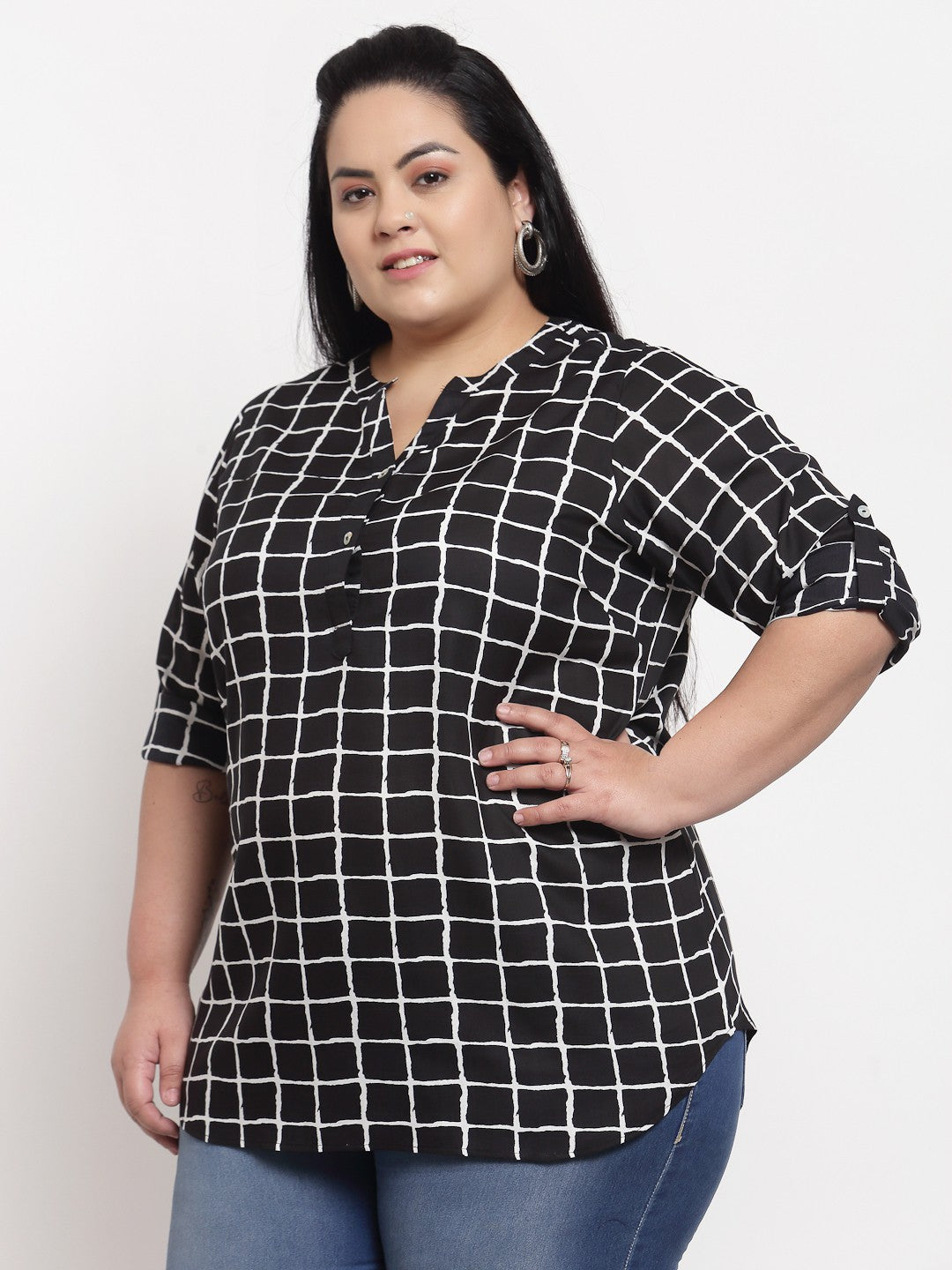 Plus Size Black Checked Roll-Up Sleeves Shirt Style Top