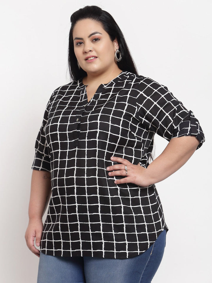 Plus Size Black Checked Roll-Up Sleeves Shirt Style Top