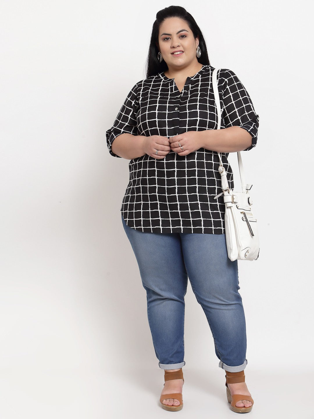 Plus Size Black Checked Roll-Up Sleeves Shirt Style Top