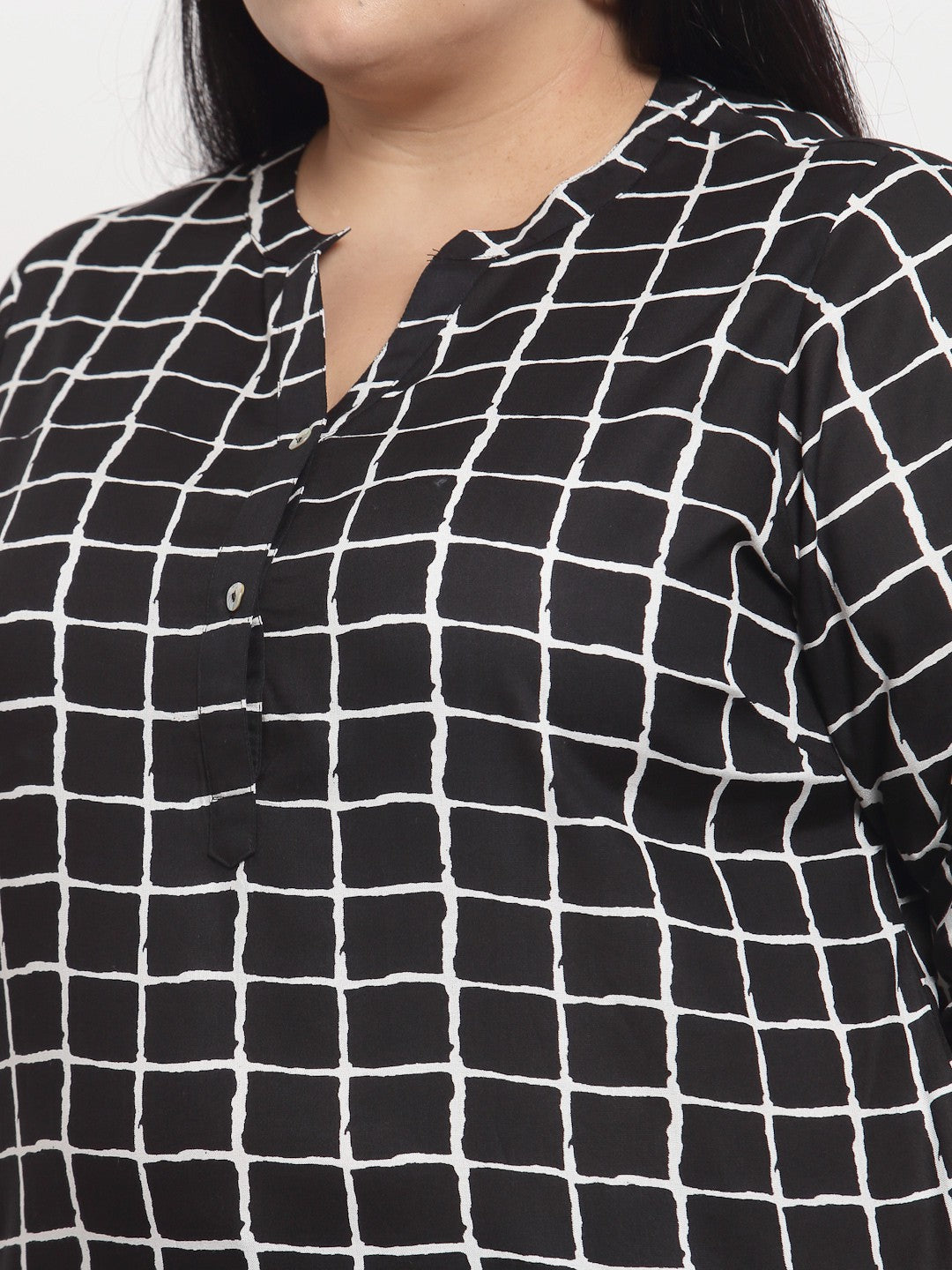 Plus Size Black Checked Roll-Up Sleeves Shirt Style Top