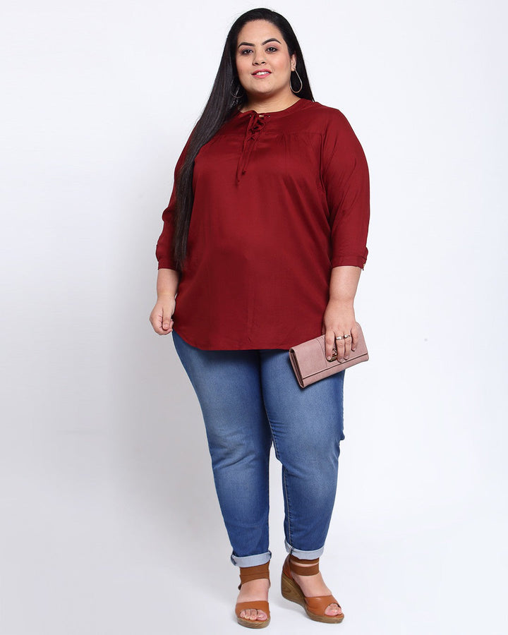 Plus Size Maroon Tie-Up Neck Regular Top