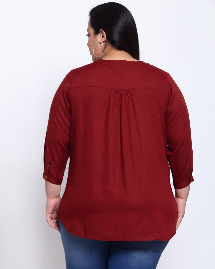 Plus Size Maroon Tie-Up Neck Regular Top