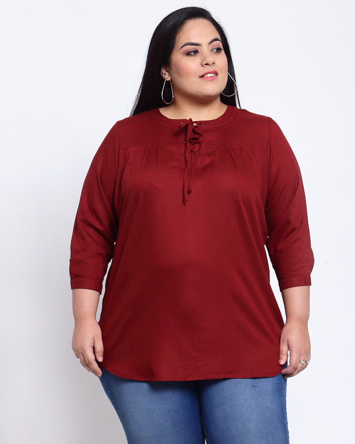 Plus Size Maroon Tie-Up Neck Regular Top