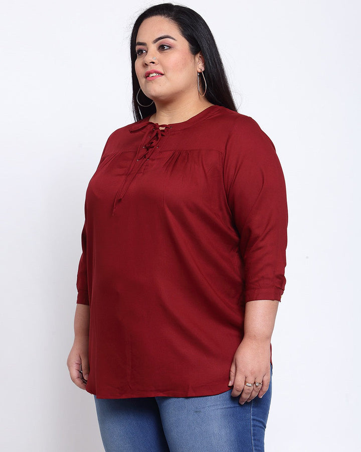 Plus Size Maroon Tie-Up Neck Regular Top