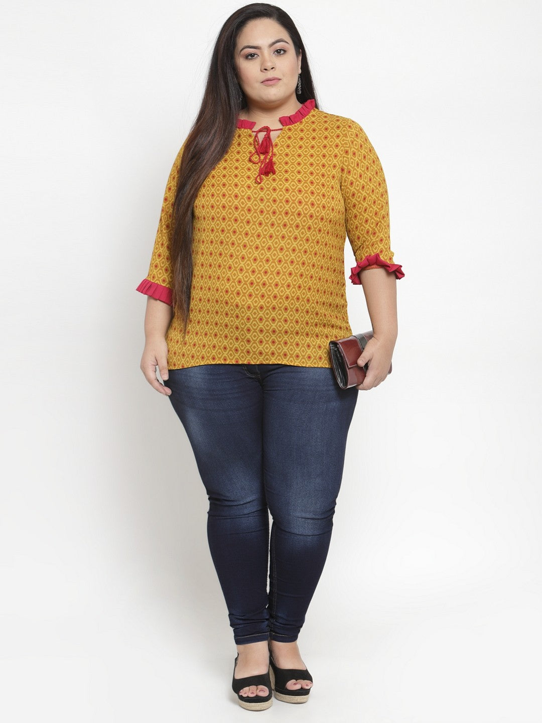 Plus Size Women Mustard Yellow Printed Top