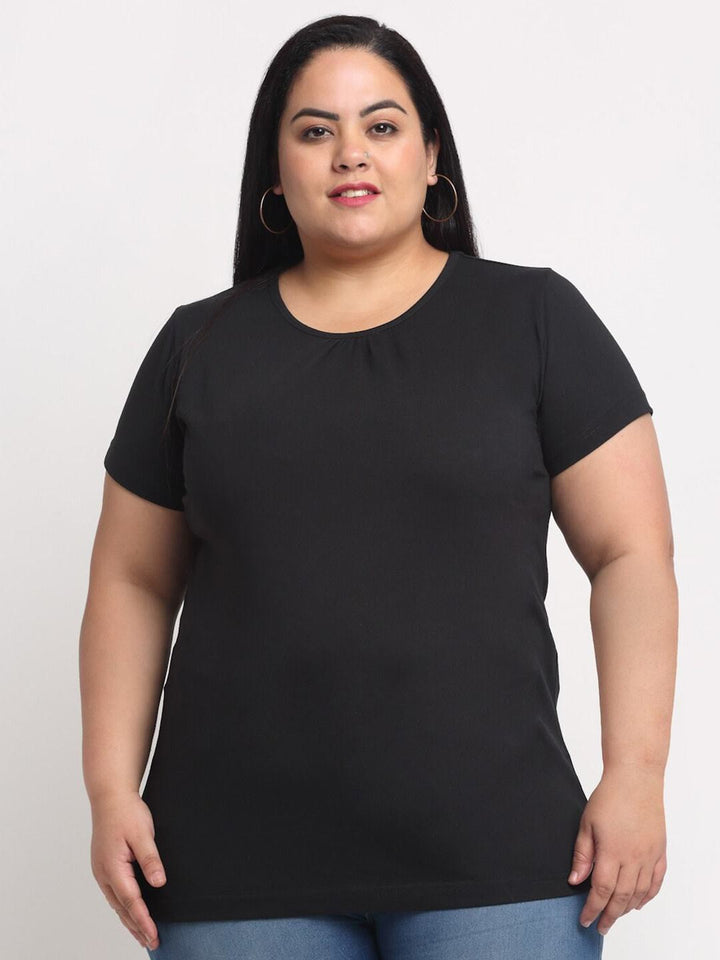 Plus Size Women Black Solid Regular Fit Cotton  T-shirt