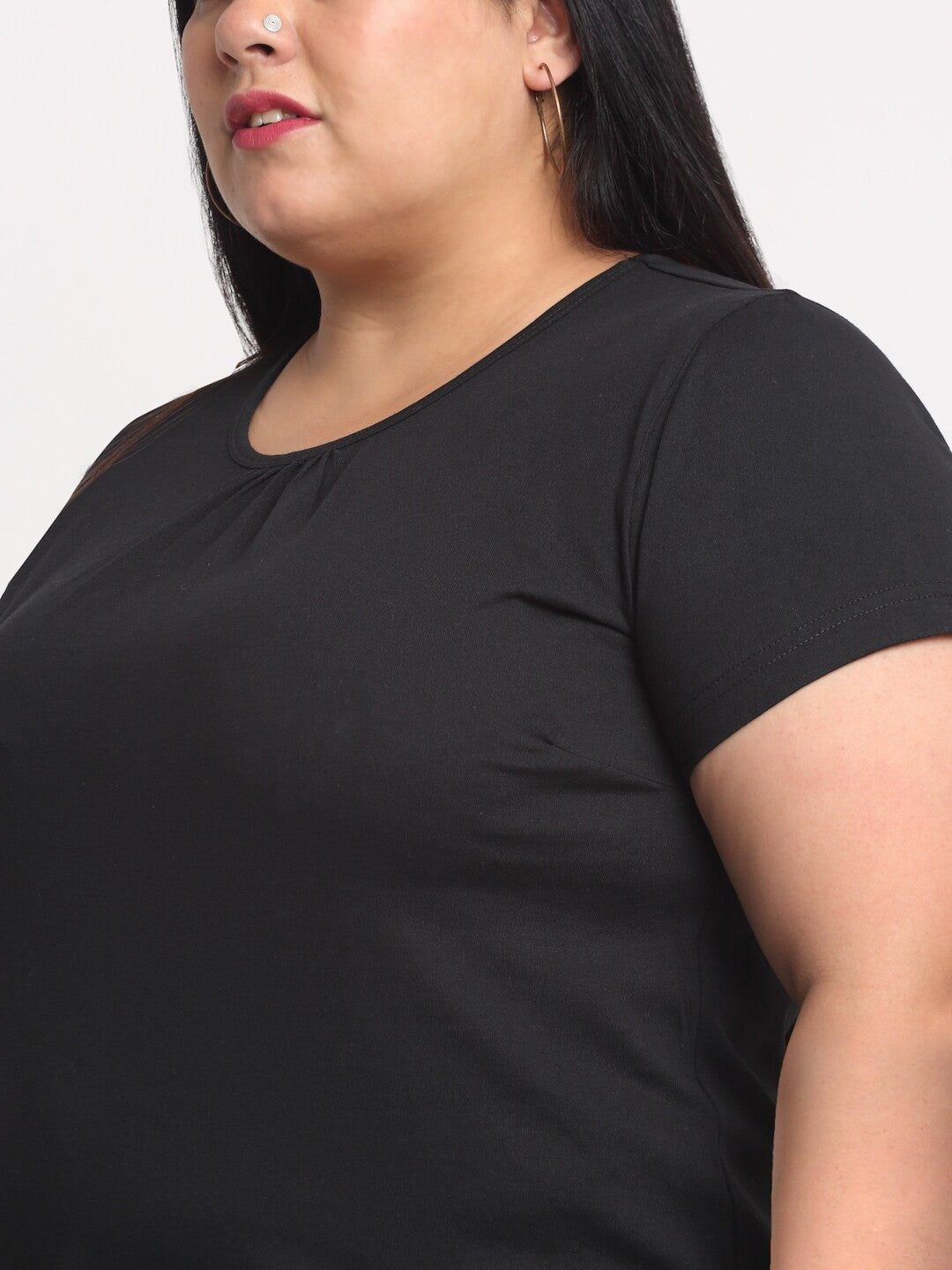 Plus Size Women Black Solid Regular Fit Cotton  T-shirt