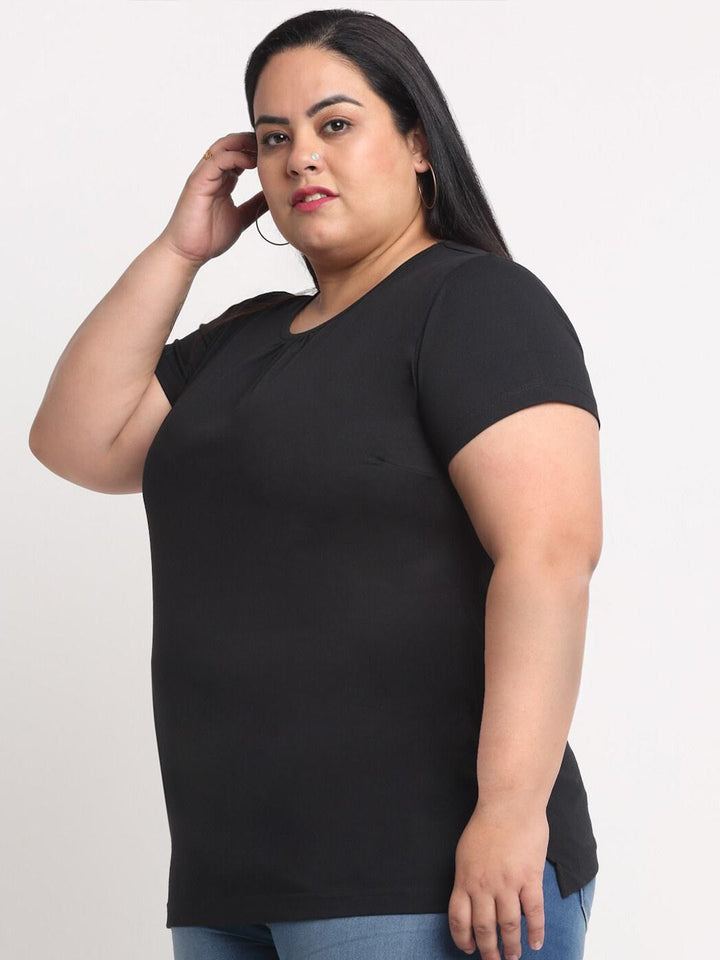 Plus Size Women Black Solid Regular Fit Cotton  T-shirt