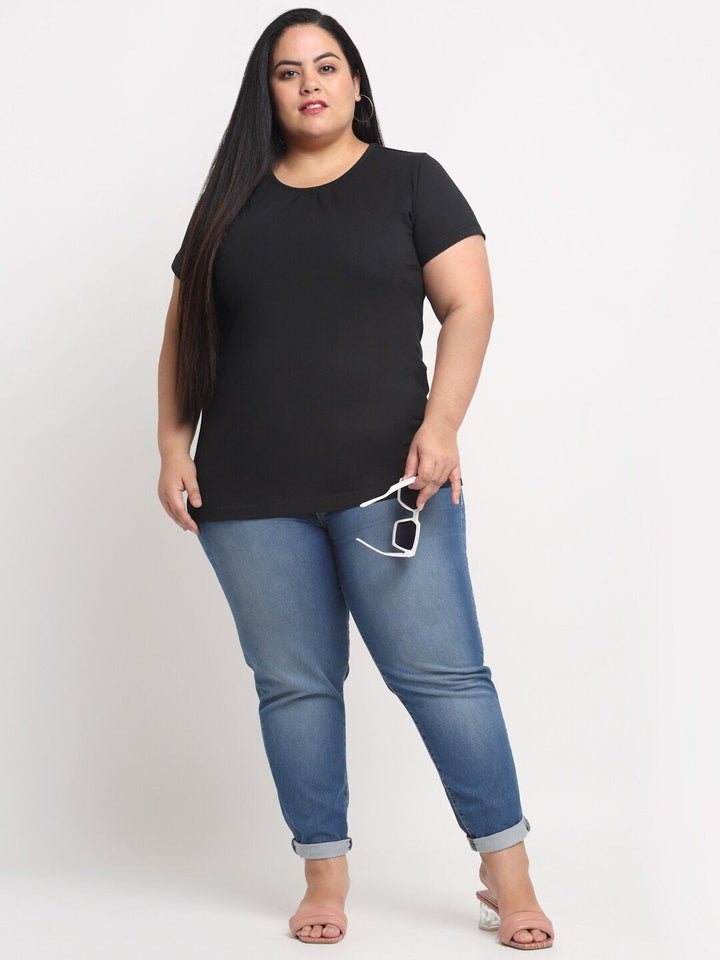 Plus Size Women Black Solid Regular Fit Cotton  T-shirt