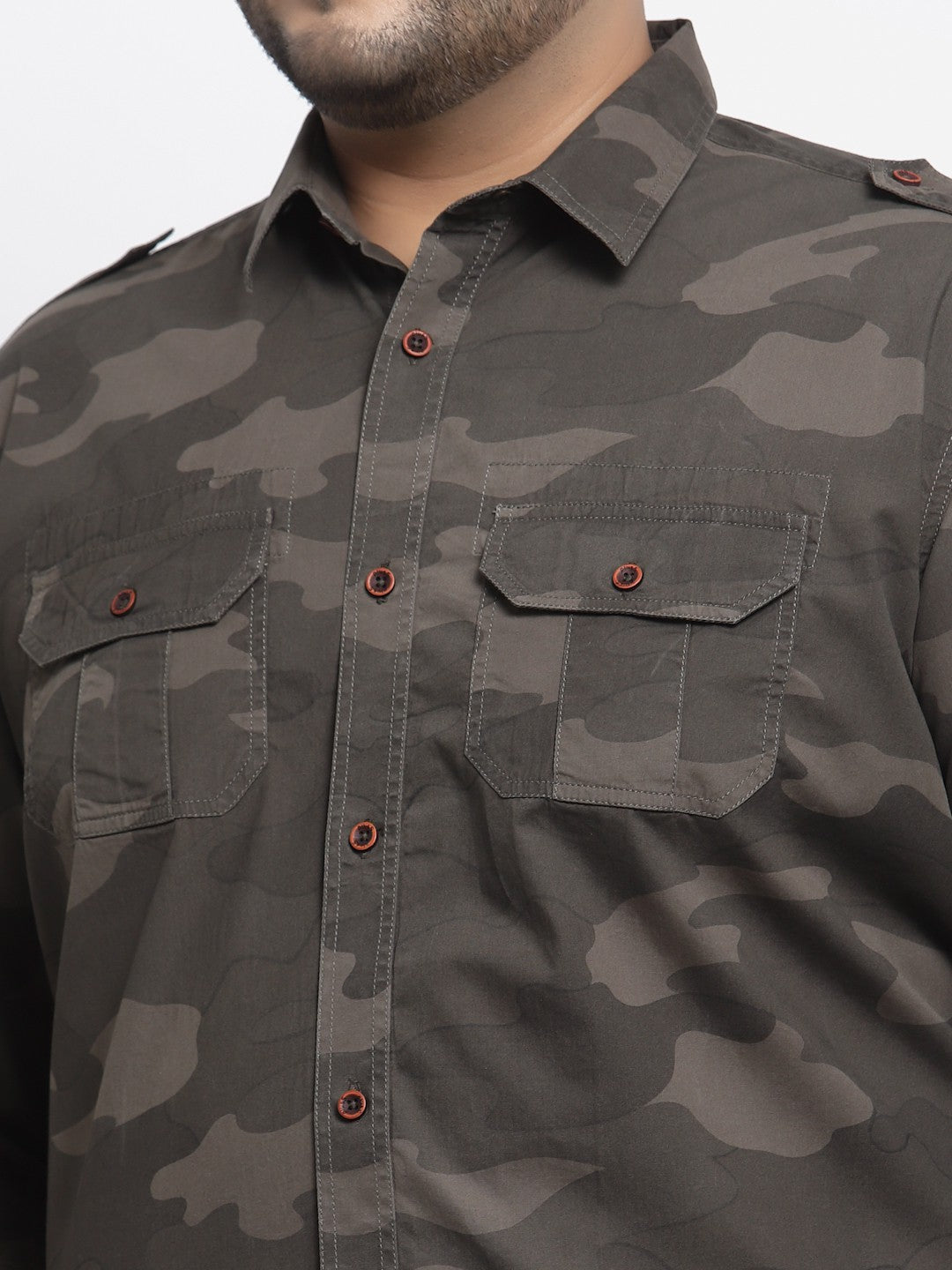 Plus Size Men  Brown Camouflage Printed Cotton Casual Shirt