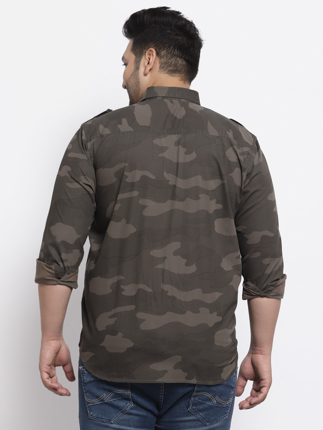 Plus Size Men  Brown Camouflage Printed Cotton Casual Shirt