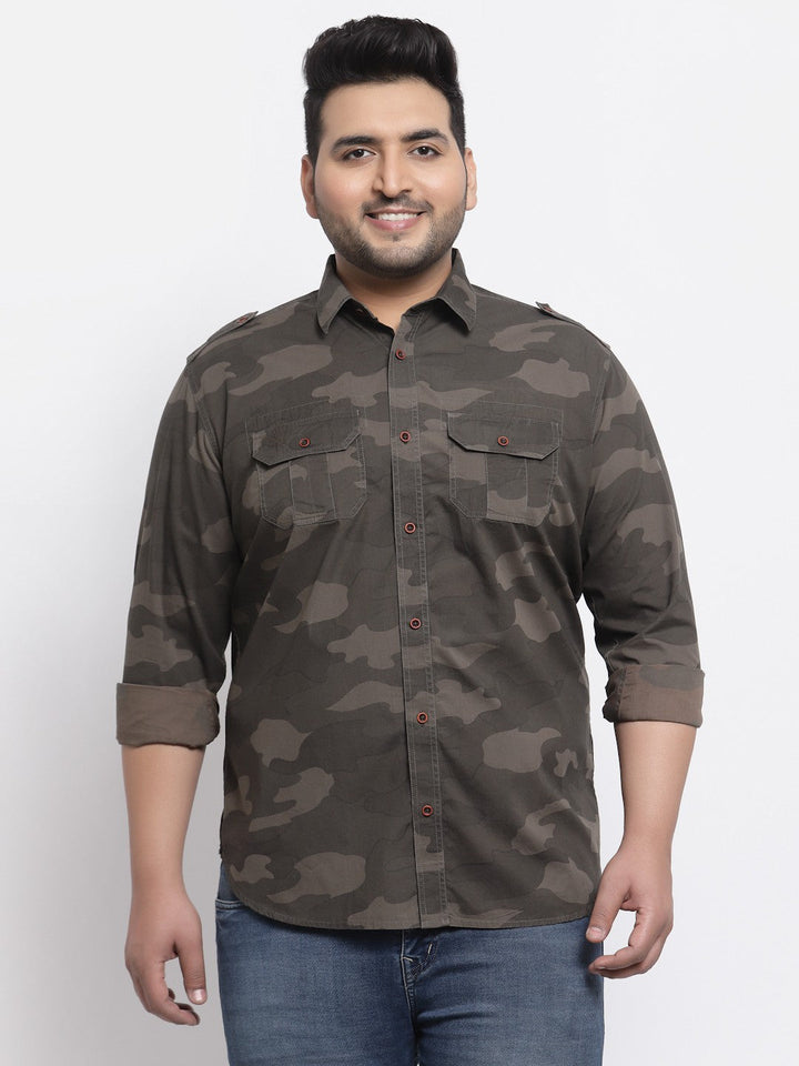 Plus Size Men  Brown Camouflage Printed Cotton Casual Shirt