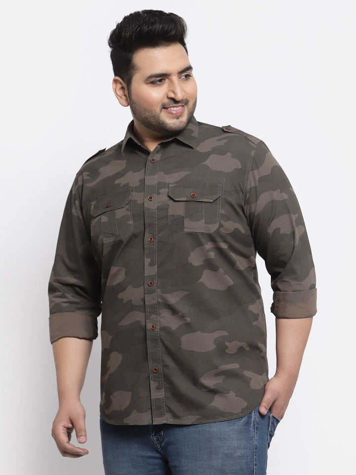 Plus Size Men  Brown Camouflage Printed Cotton Casual Shirt