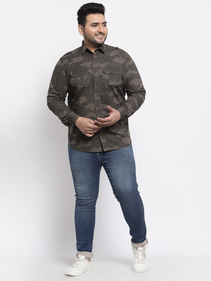 Plus Size Men  Brown Camouflage Printed Cotton Casual Shirt