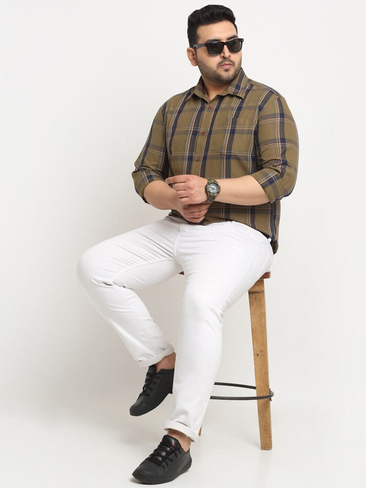 Plus Size Men Tartan Checked Casual Cotton Shirt