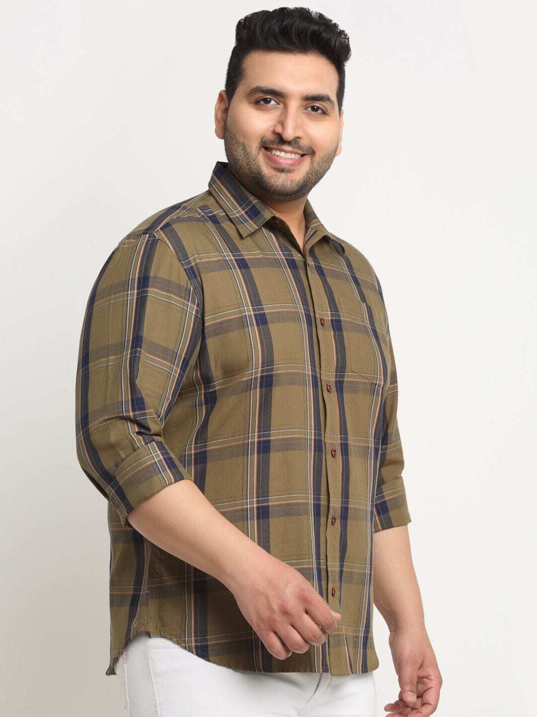 Plus Size Men Tartan Checked Casual Cotton Shirt