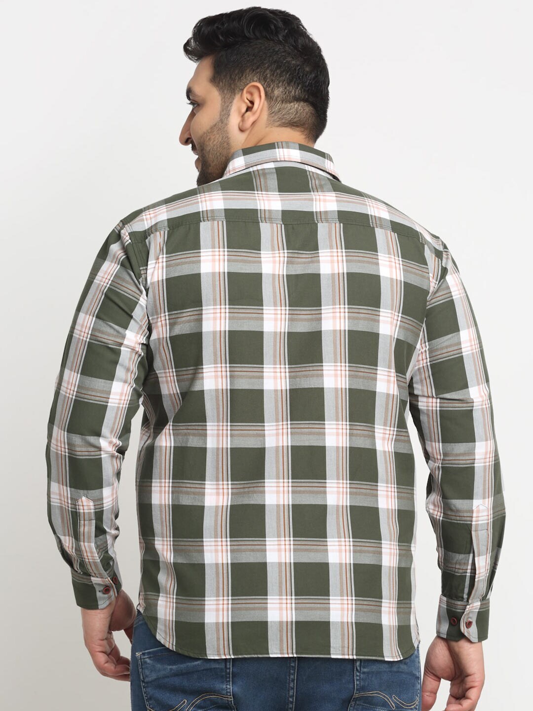 Plus Size Tartan Checked Spread Collar Opaque Casual Cotton Shirt