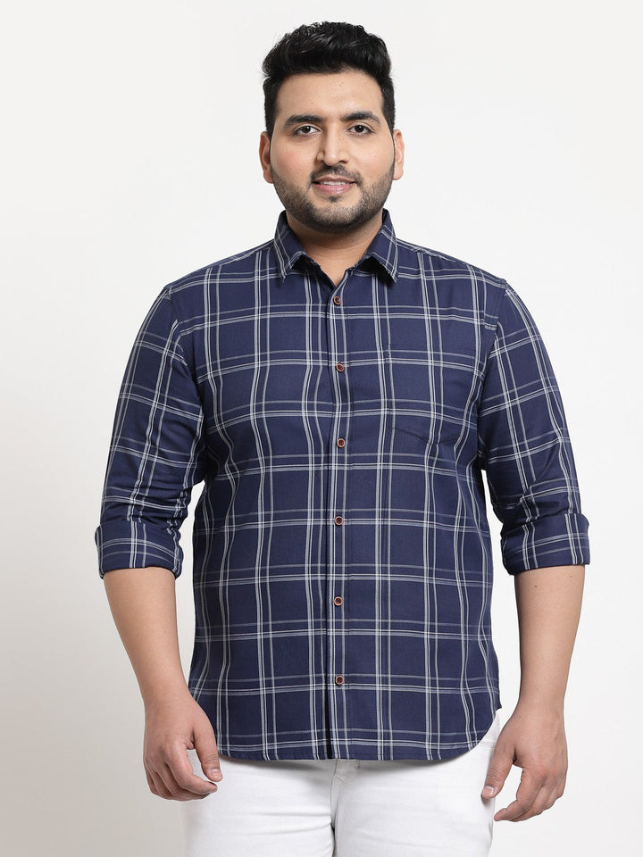 Plus Size Men  Navy Blue Windowpane Checked Casual Shirt