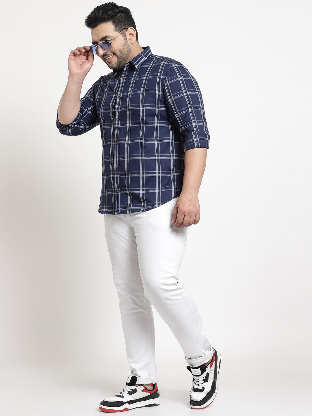 Plus Size Men  Navy Blue Windowpane Checked Casual Shirt