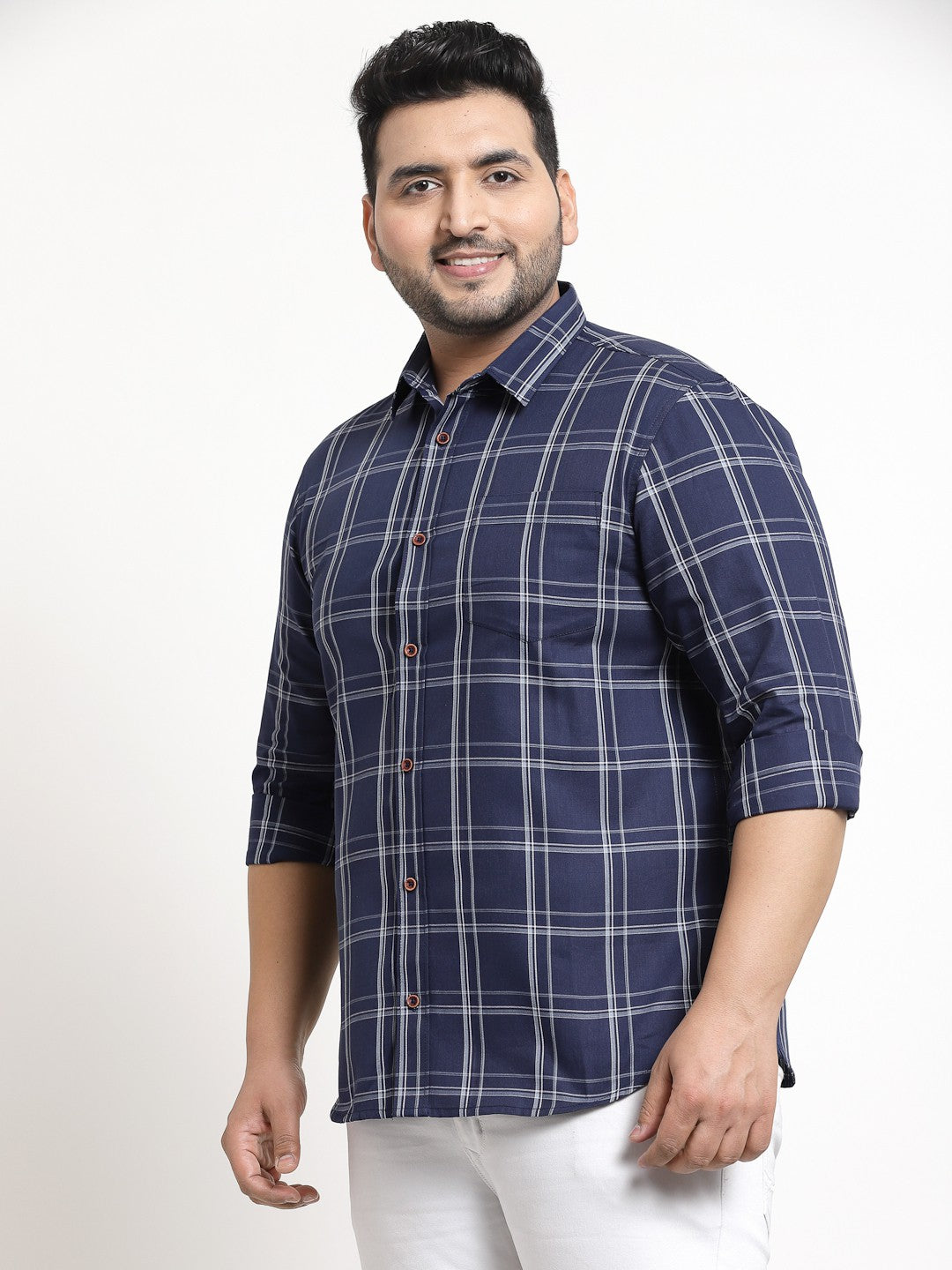 Plus Size Men  Navy Blue Windowpane Checked Casual Shirt