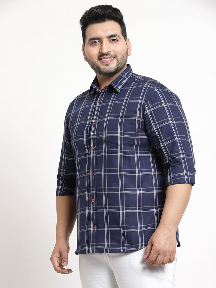 Plus Size Men  Navy Blue Windowpane Checked Casual Shirt