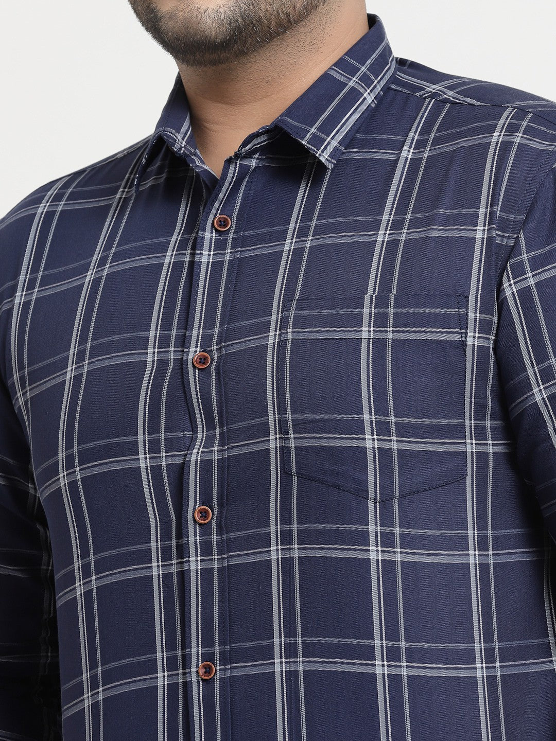 Plus Size Men  Navy Blue Windowpane Checked Casual Shirt
