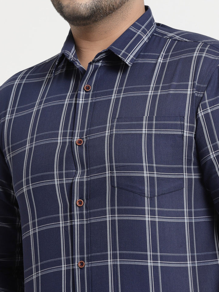 Plus Size Men  Navy Blue Windowpane Checked Casual Shirt