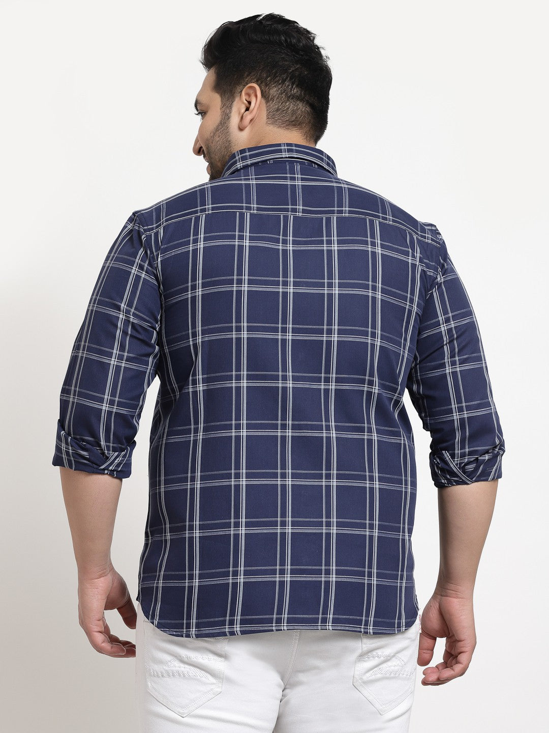 Plus Size Men  Navy Blue Windowpane Checked Casual Shirt