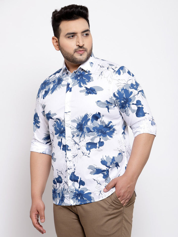 Plus Size Men  White  Blue Regular Fit Printed Casual Shirt