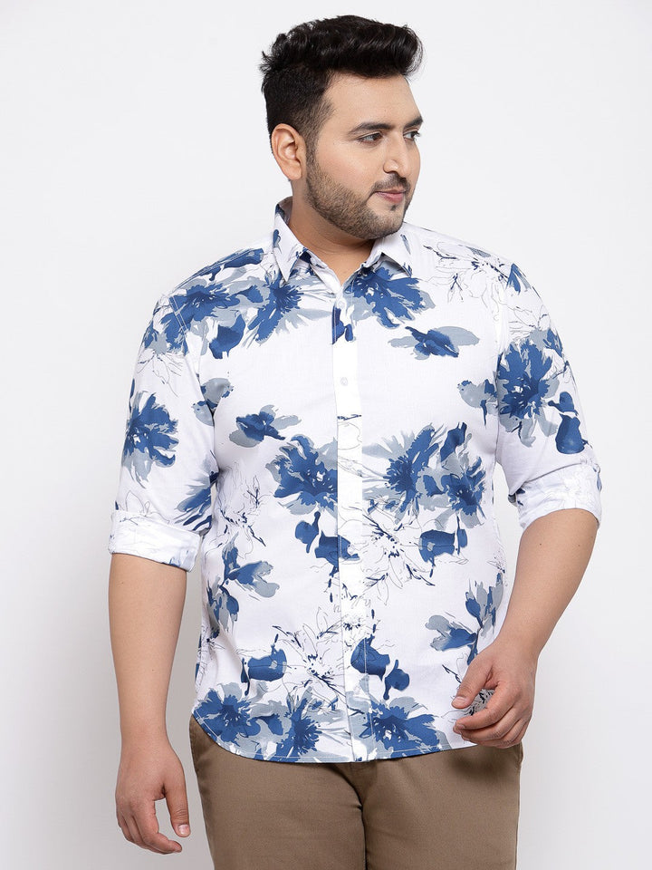 Plus Size Men  White  Blue Regular Fit Printed Casual Shirt