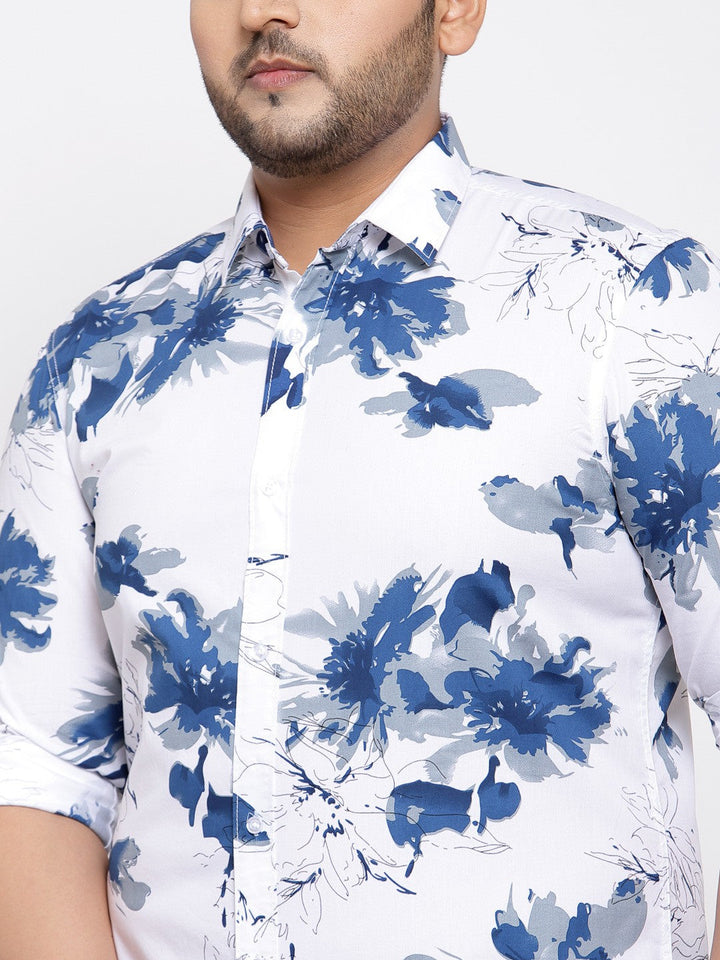 Plus Size Men  White  Blue Regular Fit Printed Casual Shirt
