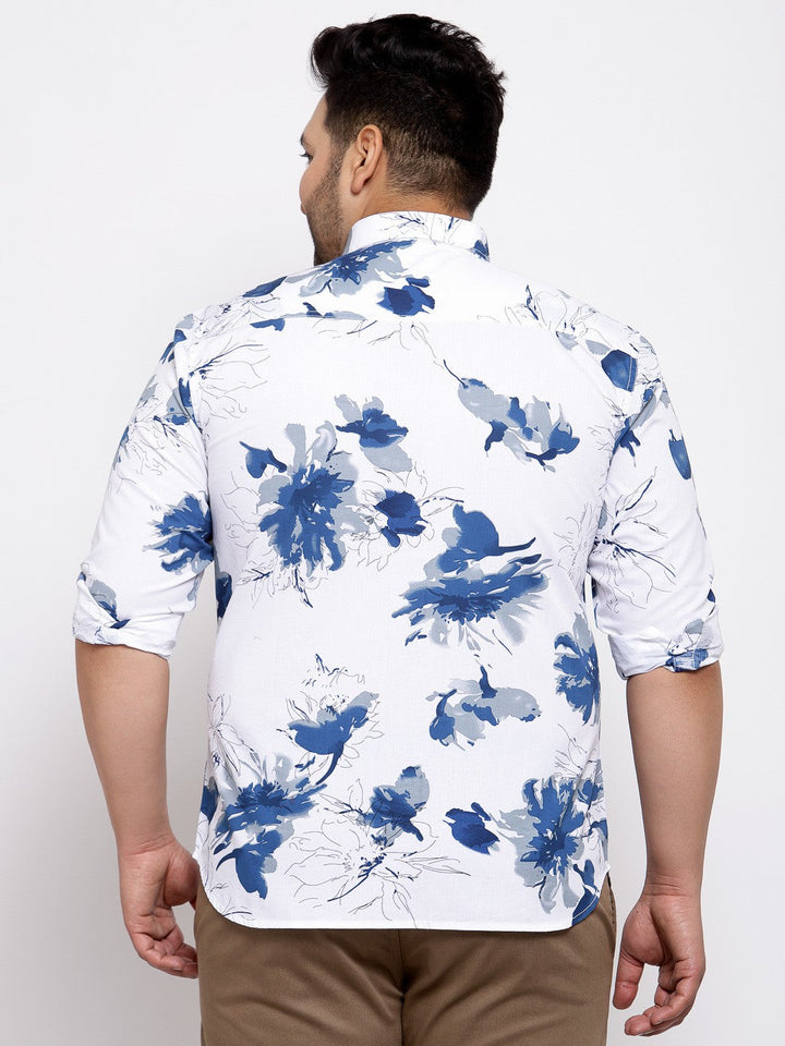 Plus Size Men  White  Blue Regular Fit Printed Casual Shirt