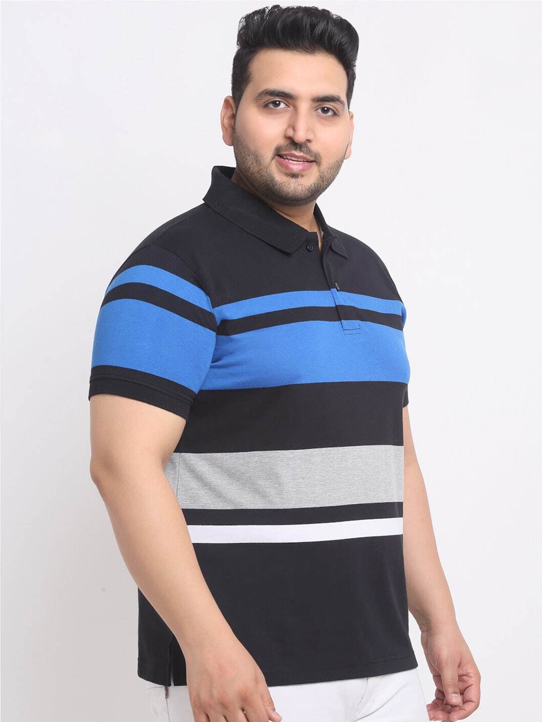 Plus Size  Black Striped Polo Collar Cotton T-shirt